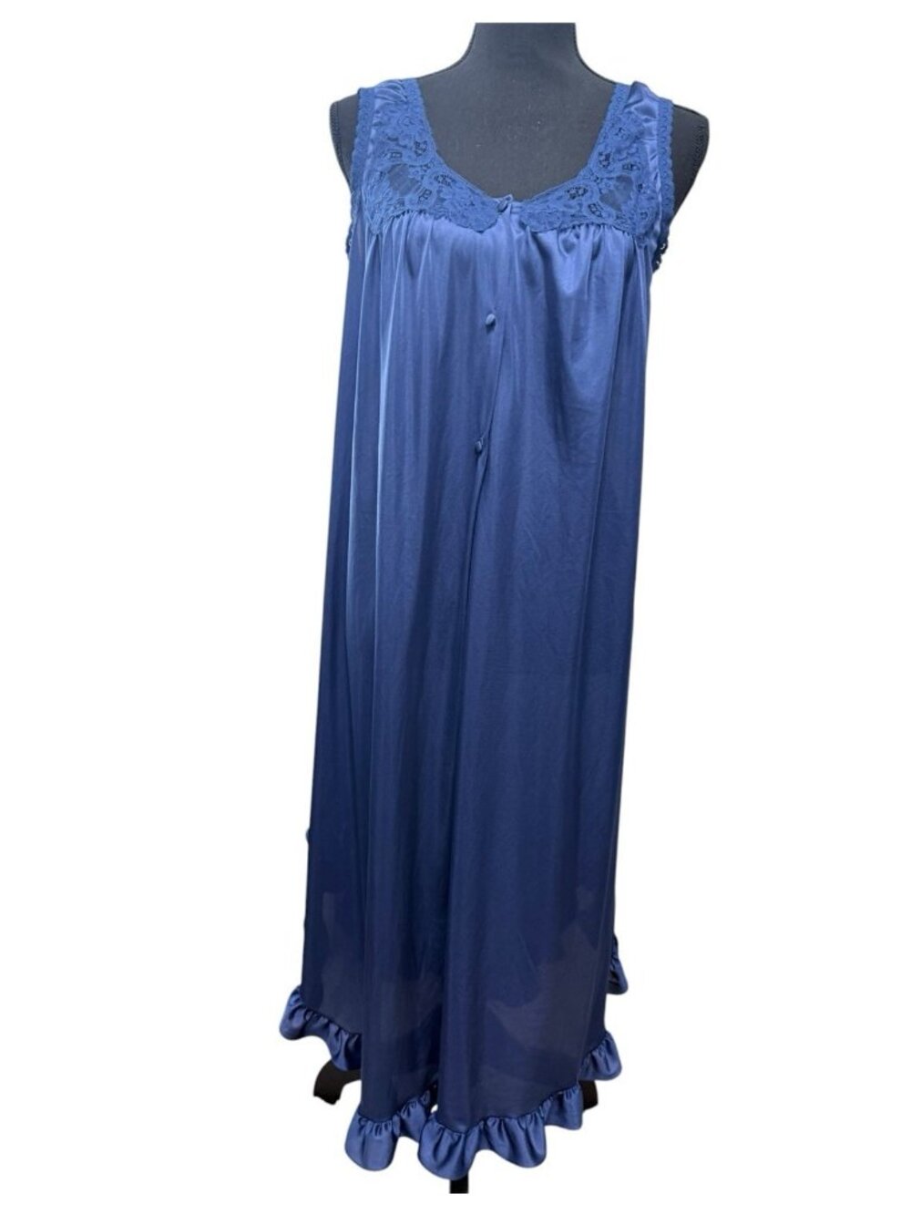 Vintage Lorraine Size Medium Royal Navy Blue Long Nightgown Negligee Ruffle Hem